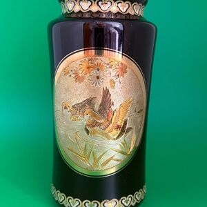 The Art of Chokin Japanese Black Enamel 24K Gold Trimmed Ducks/Flowers 6.5" Vase